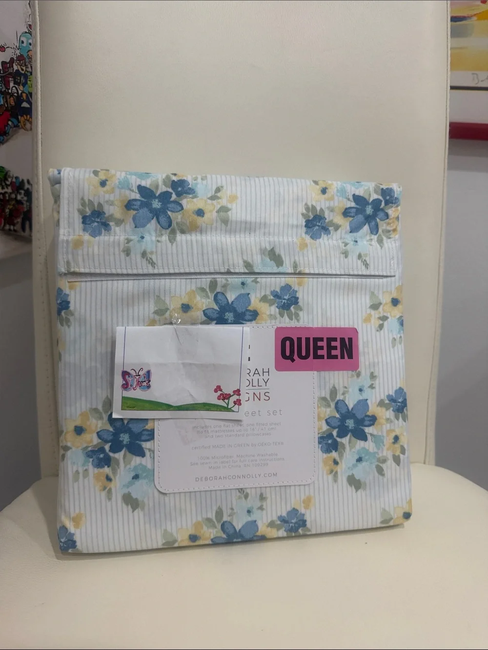 Deborah Connolly White/Blue/Yellow Floral /Stripes Queen Sheet Set